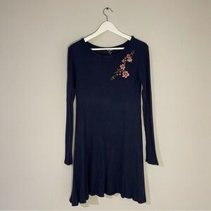 Francesca’s Long Sleeve Waffle Knit Navy Blue Dress with Floral Embroidery
